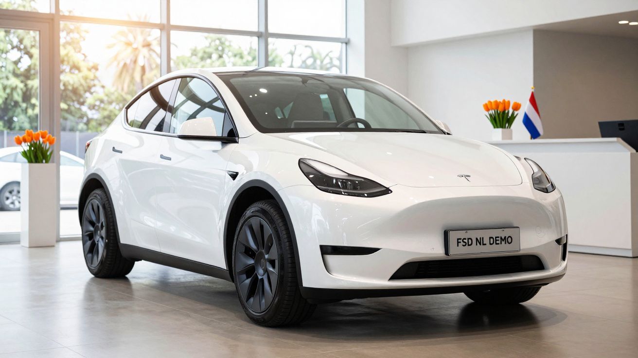 White electric car on display in a showroom with large windows and potted orange flowers.