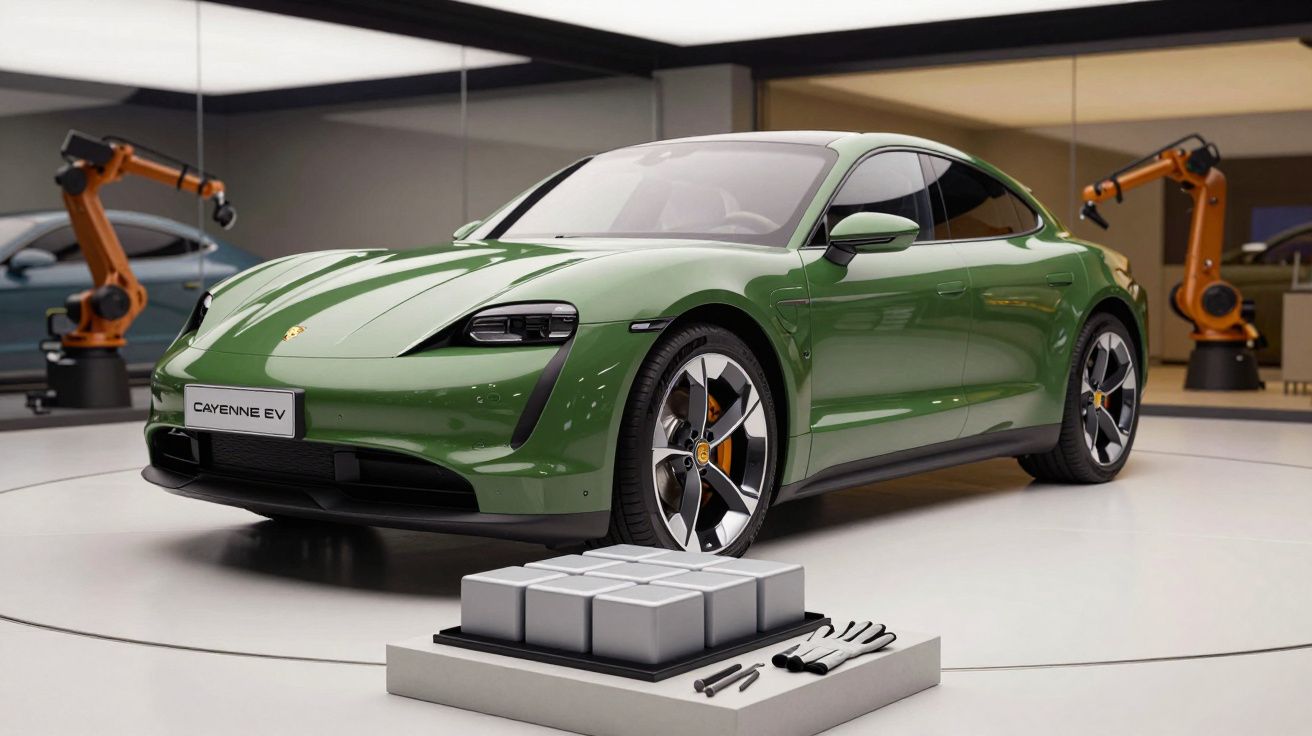 Green electric car in a showroom with robotic arms and tools displayed in the foreground.