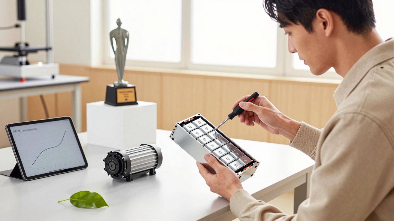 Man assembling mechanical keyboard with screwdriver; tablet, motor, and trophy on table.