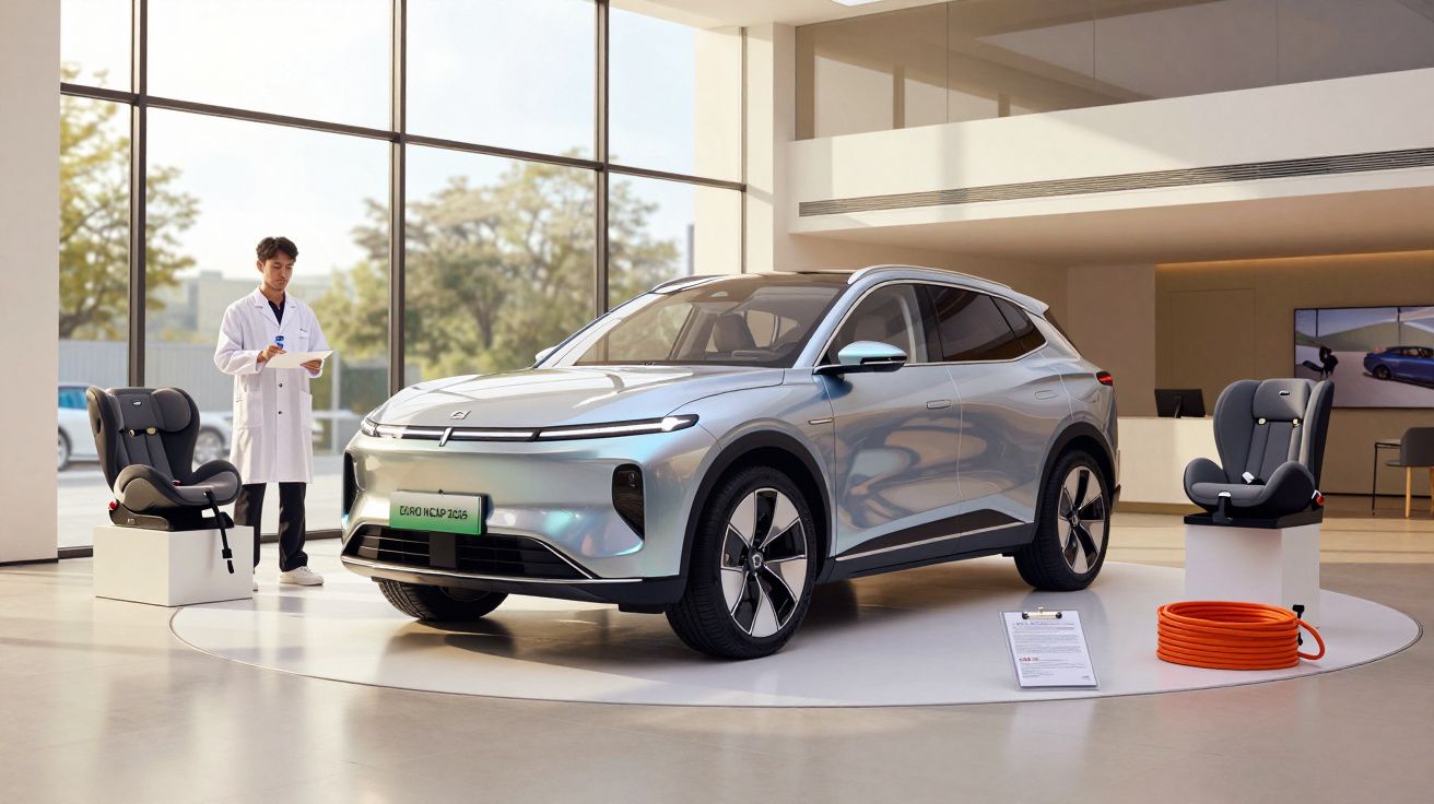 Silver electric SUV displayed indoors with child seats and orange charging cable; person observing with a clipboard.