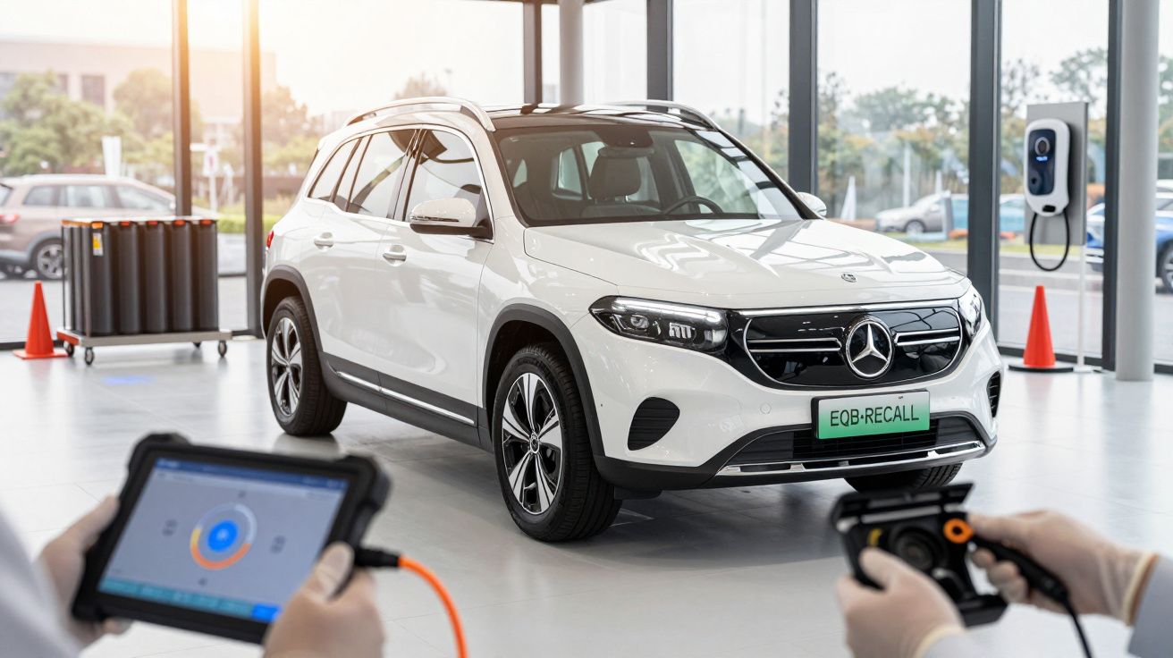 White SUV in a modern garage, two technicians with diagnostic tools, electric charging station on the right.