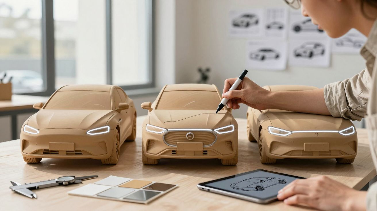 Designer sketching on tablet beside clay car models on desk in studio.