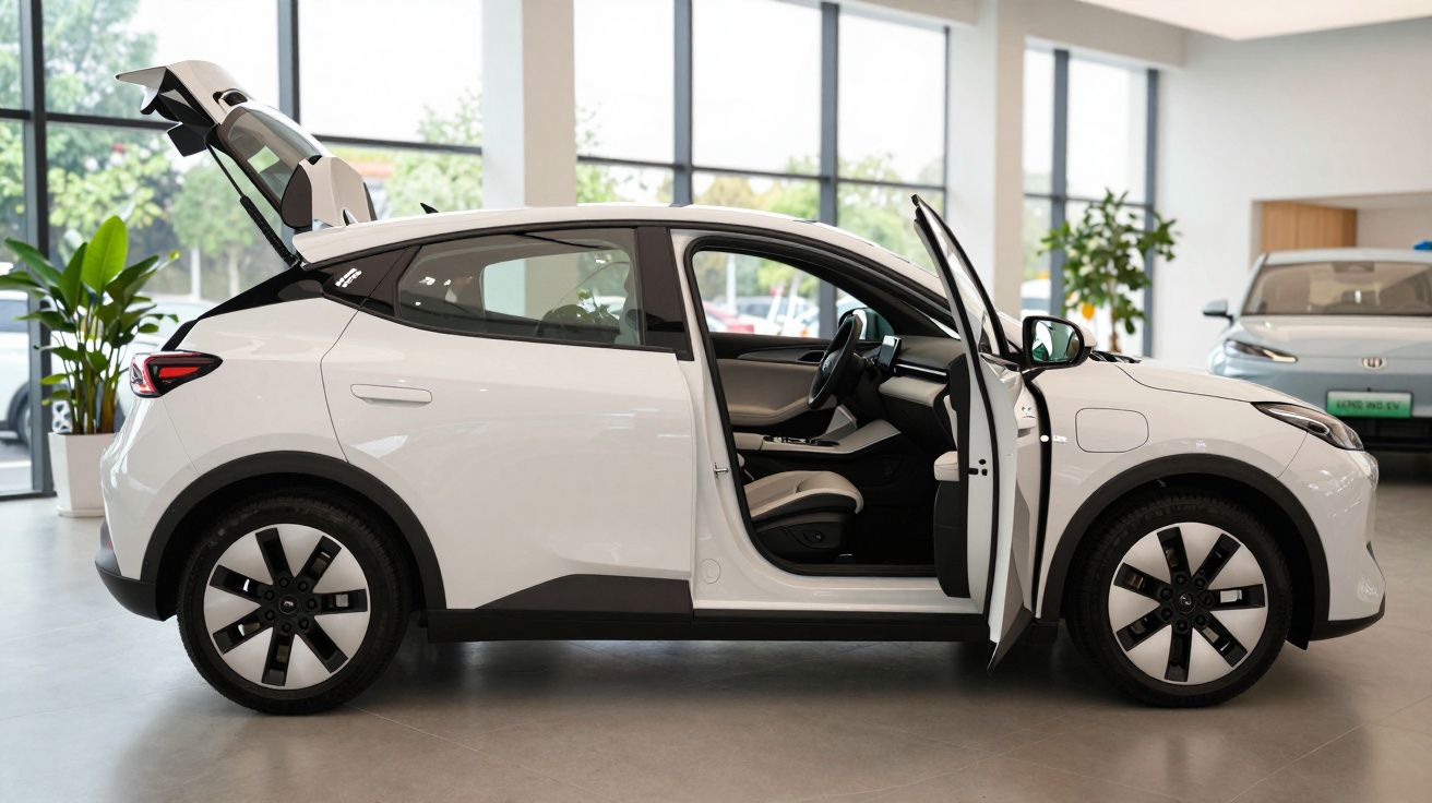 White electric car in a showroom with open doors and boot, surrounded by large windows and plants.