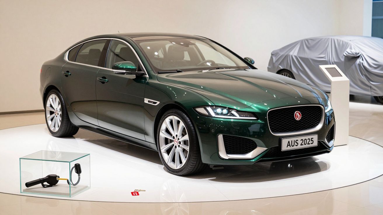 Green luxury saloon car displayed in showroom with charging cable in glass box, a covered vehicle in the background.