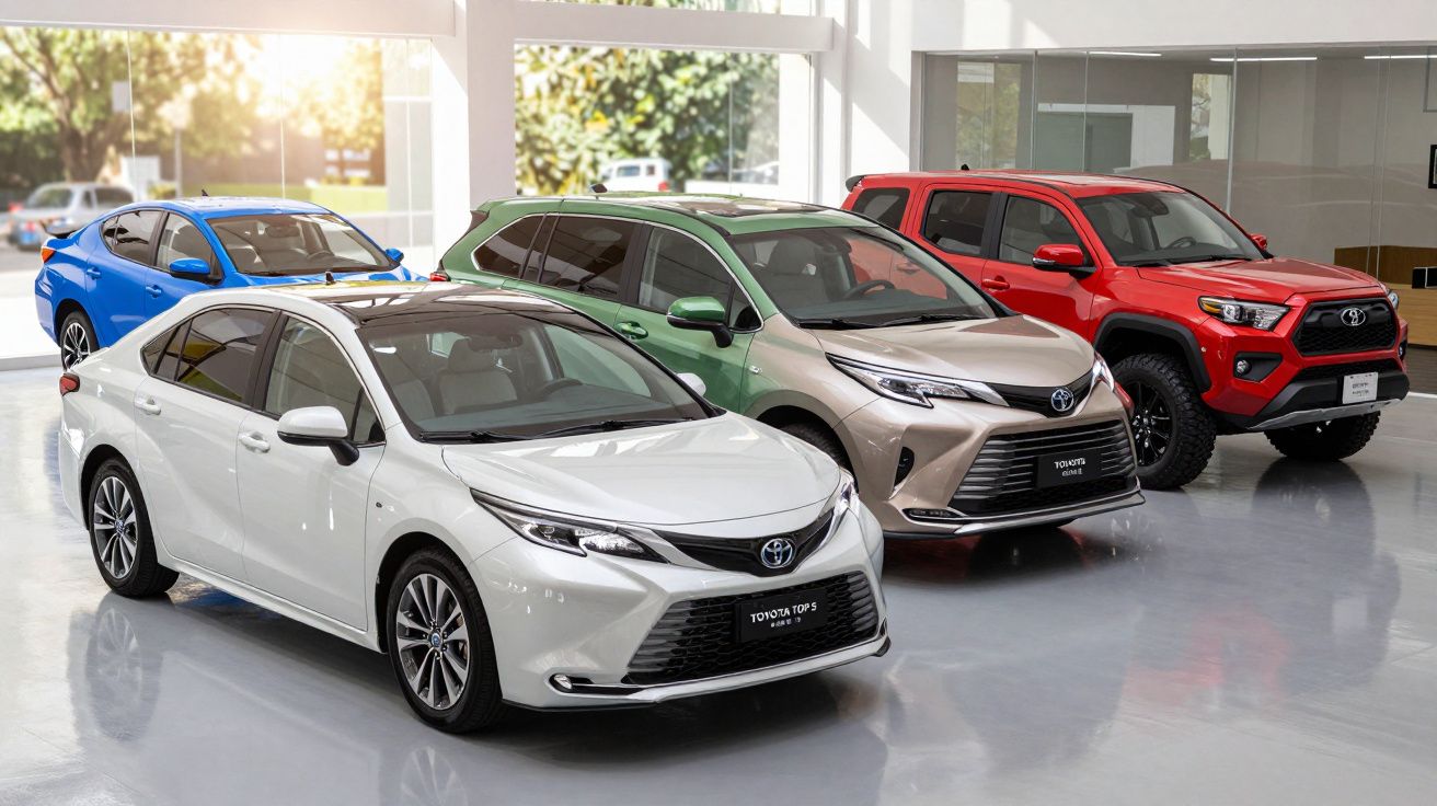 Four Toyota cars displayed in a bright showroom, featuring models in white, green, blue, and red.
