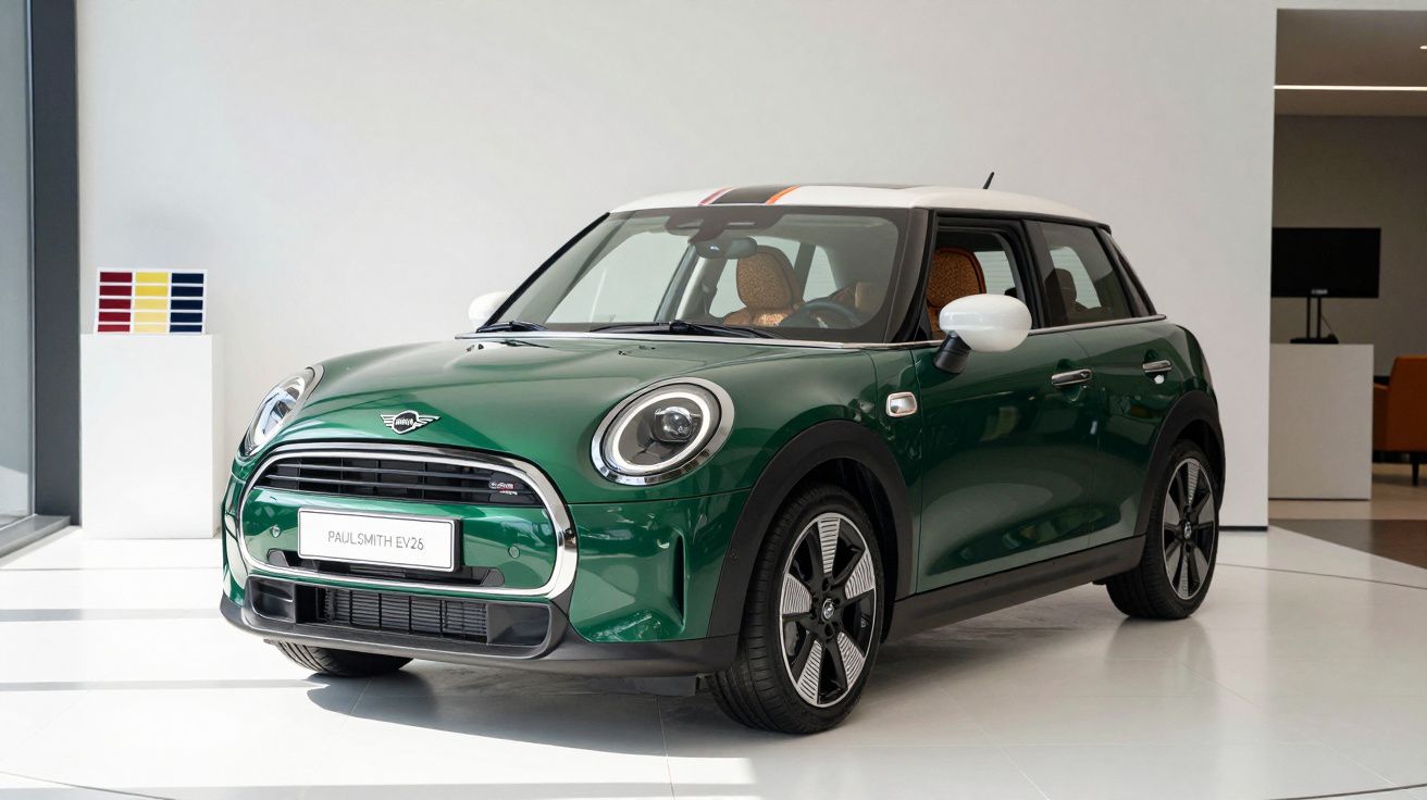 Green Mini Hatchback with white roof and stripes, displayed in showroom with modern interior background.