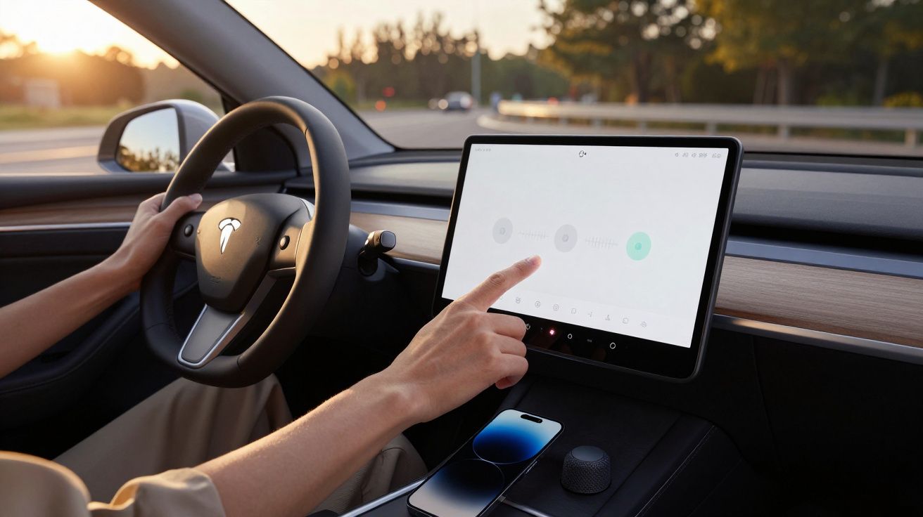 Person using touchscreen inside a car, adjusting controls on a digital display, steering wheel visible, phone on console.