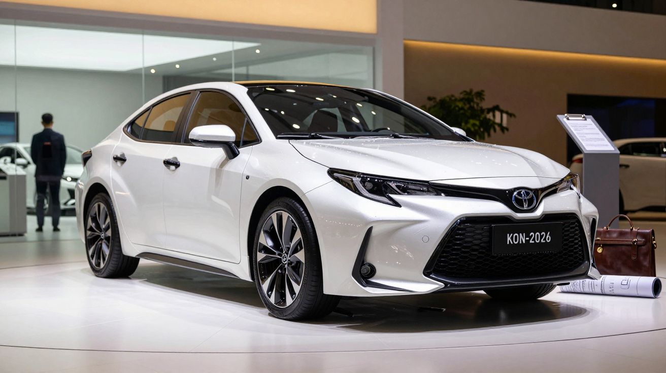 White Toyota sedan on display in a showroom with a visible model plate KON-2026.