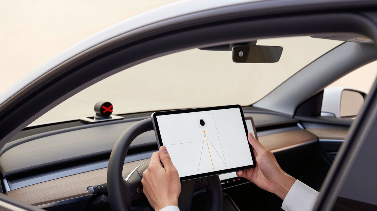 Person holding a tablet inside a car, displaying navigation or GPS application on the screen.