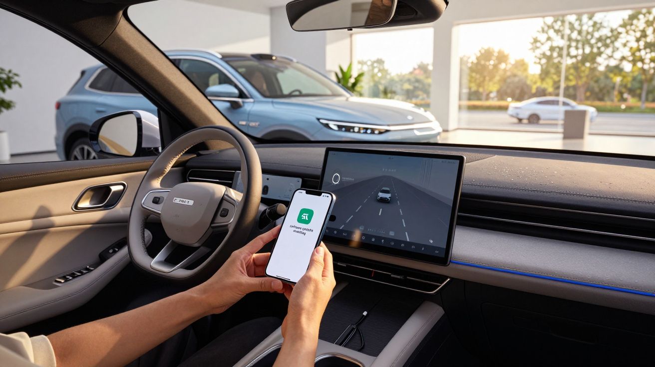 Person in car using smartphone sync with dashboard screen showing navigation, other cars visible outside.