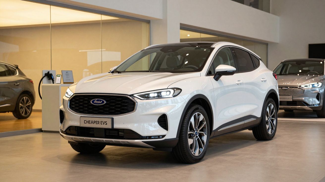 White Ford electric SUV displayed in a showroom.