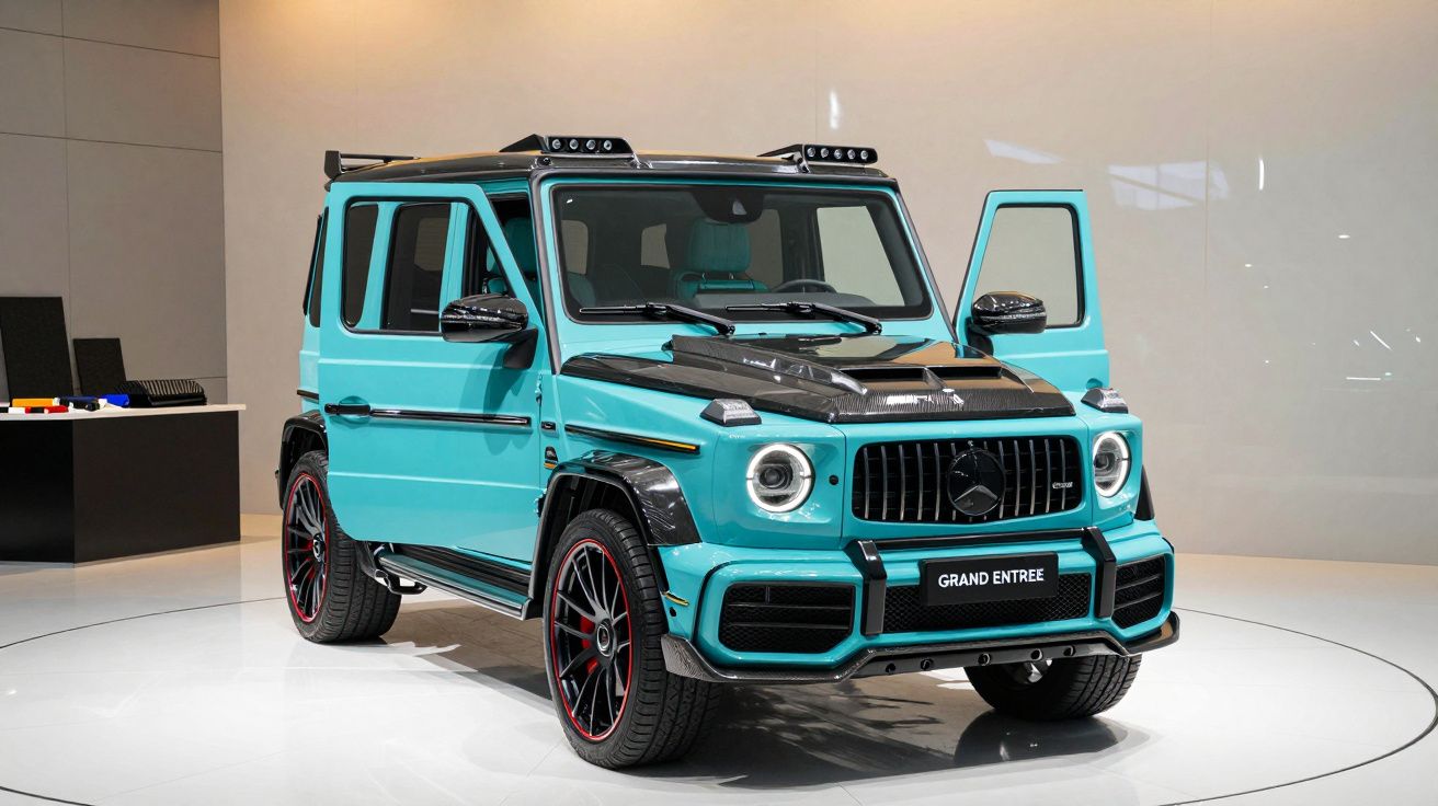 Turquoise SUV with black accents on display, front passenger door open, in a showroom with a circular platform.