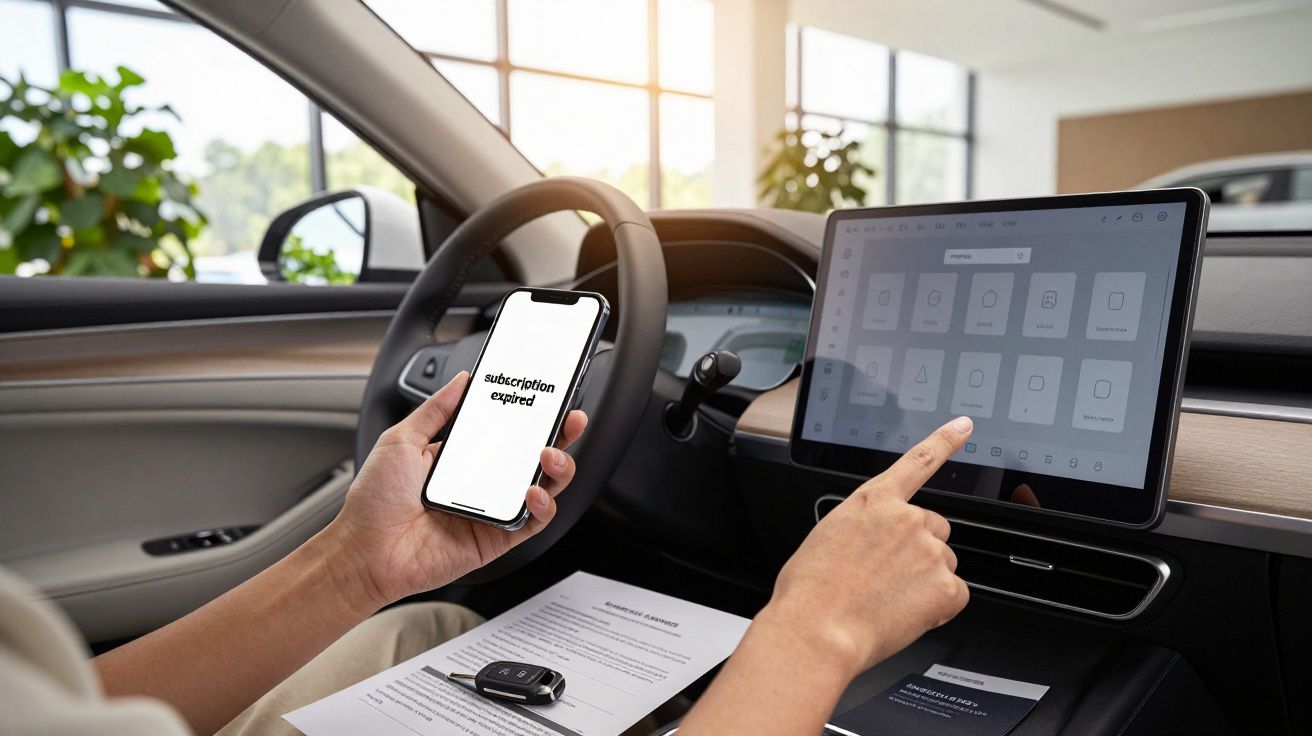 Person in car with smartphone showing "subscription expired" and touchscreen displaying apps, car key on seat.