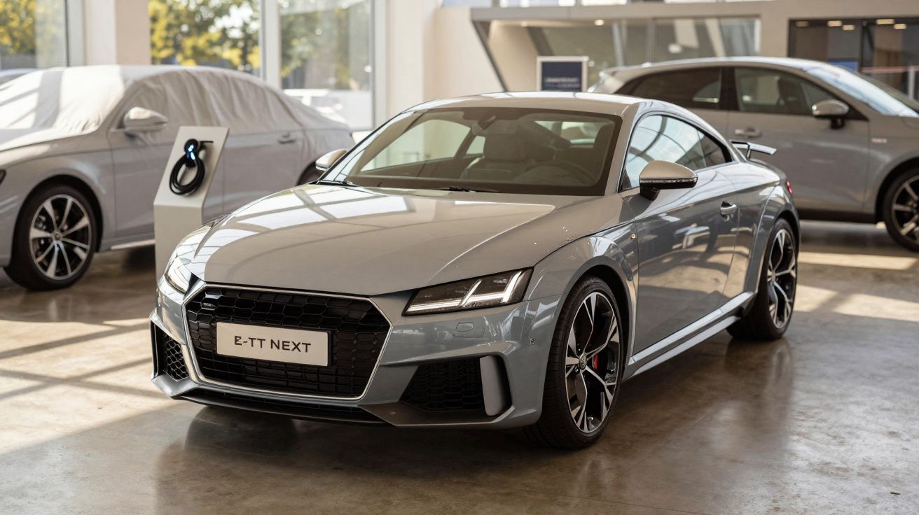 Silver sports car in a showroom with a sleek design, front grille, and alloy wheels, surrounded by other vehicles.