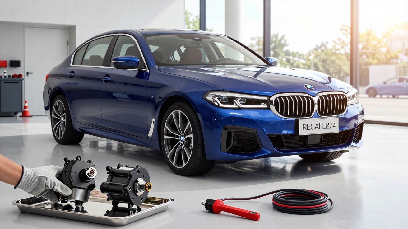 Blue car in a garage, labelled "RECALL874", with car parts and tools in the foreground.