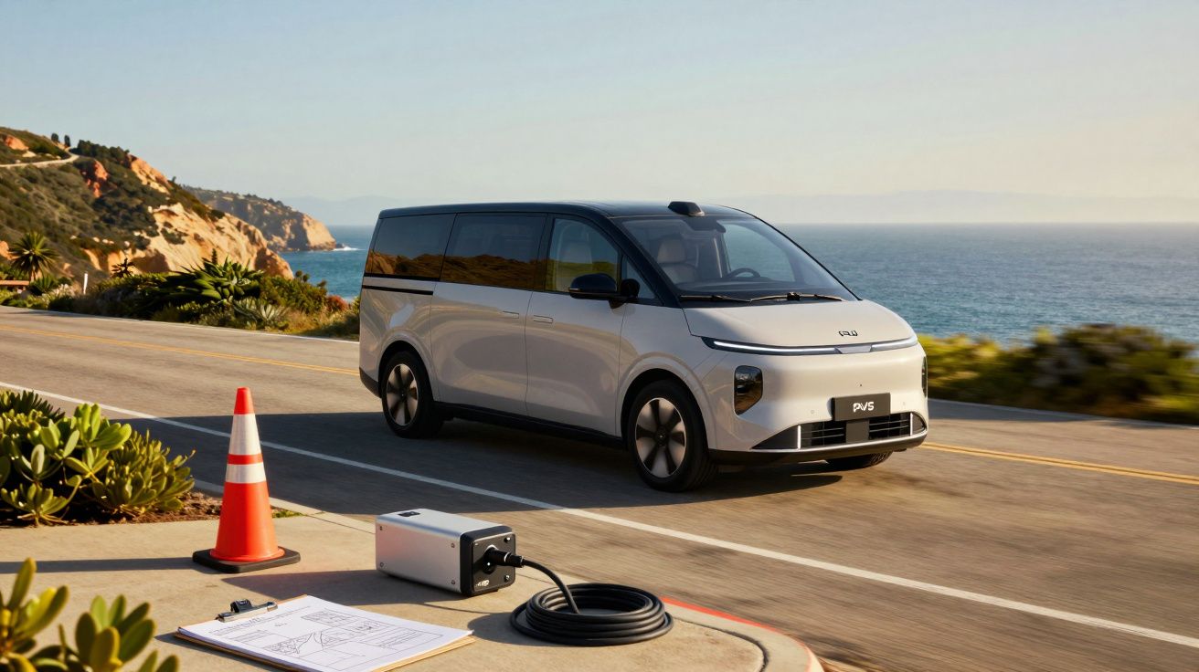 Electric van driving on a coastal road with a charging station and orange cone nearby.
