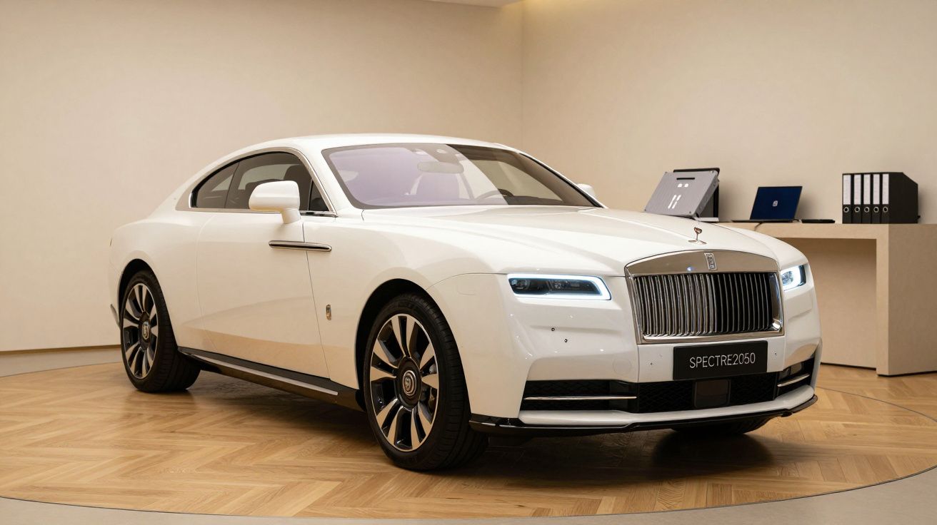 Luxurious white car displayed indoors with modern design, prominent grille, and sleek headlights on a wooden floor.
