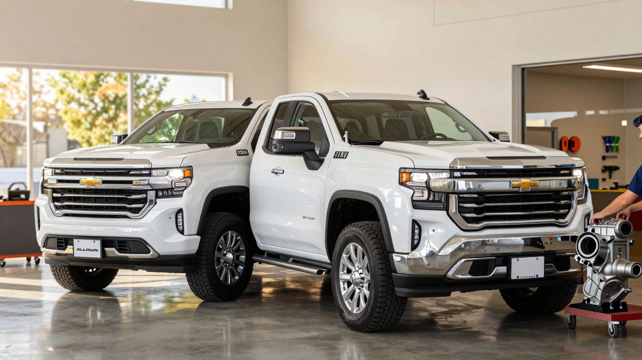 Two white pickup trucks parked indoors, side by side, with a person and engine part visible in the background.