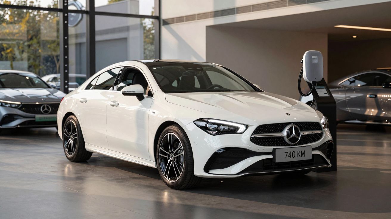 White Mercedes-Benz parked indoors next to a charging station, with cars visible in the background.