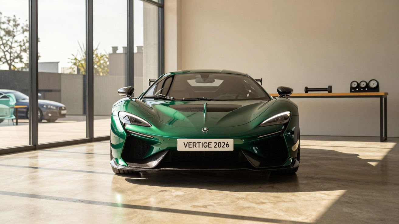 Green sports car in a showroom with a "Vertige 2026" number plate, surrounded by large windows and natural light.