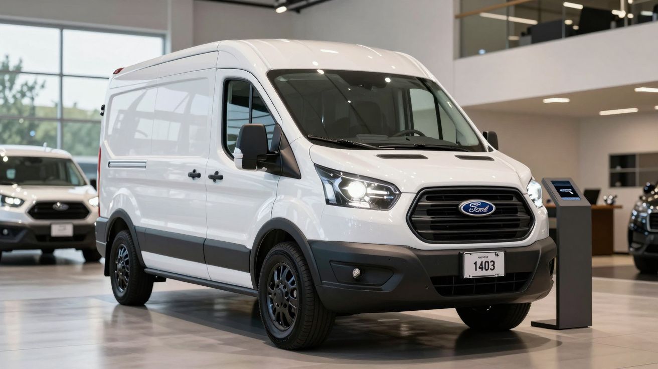 White Ford van displayed in a modern showroom, with bright lighting and sleek design features.