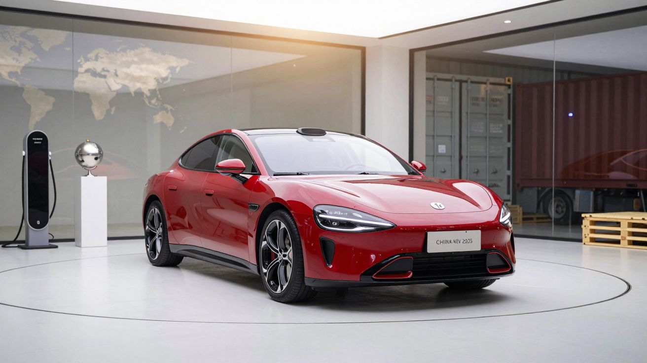 Red electric car in a modern showroom, with a charging station and a world map on the wall.