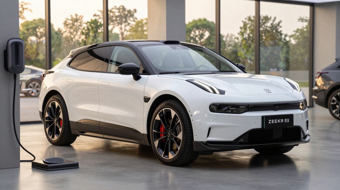 White electric SUV inside a modern showroom, connected to a charging station.