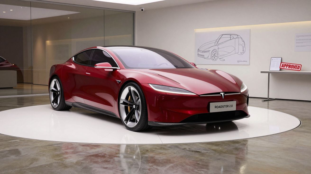 Red electric sports car displayed in a modern showroom, with sleek lines and a futuristic design.