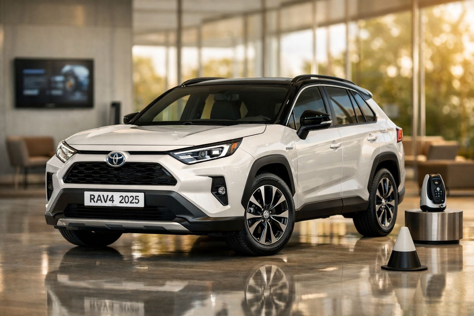 2025 white Toyota RAV4 parked in a modern showroom with sunlight streaming through large windows.