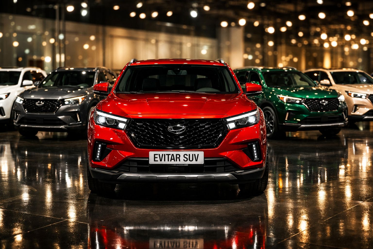 Sleek black SUV with modern design, displayed on a showroom platform, labelled "EVITAR 6" at the front.