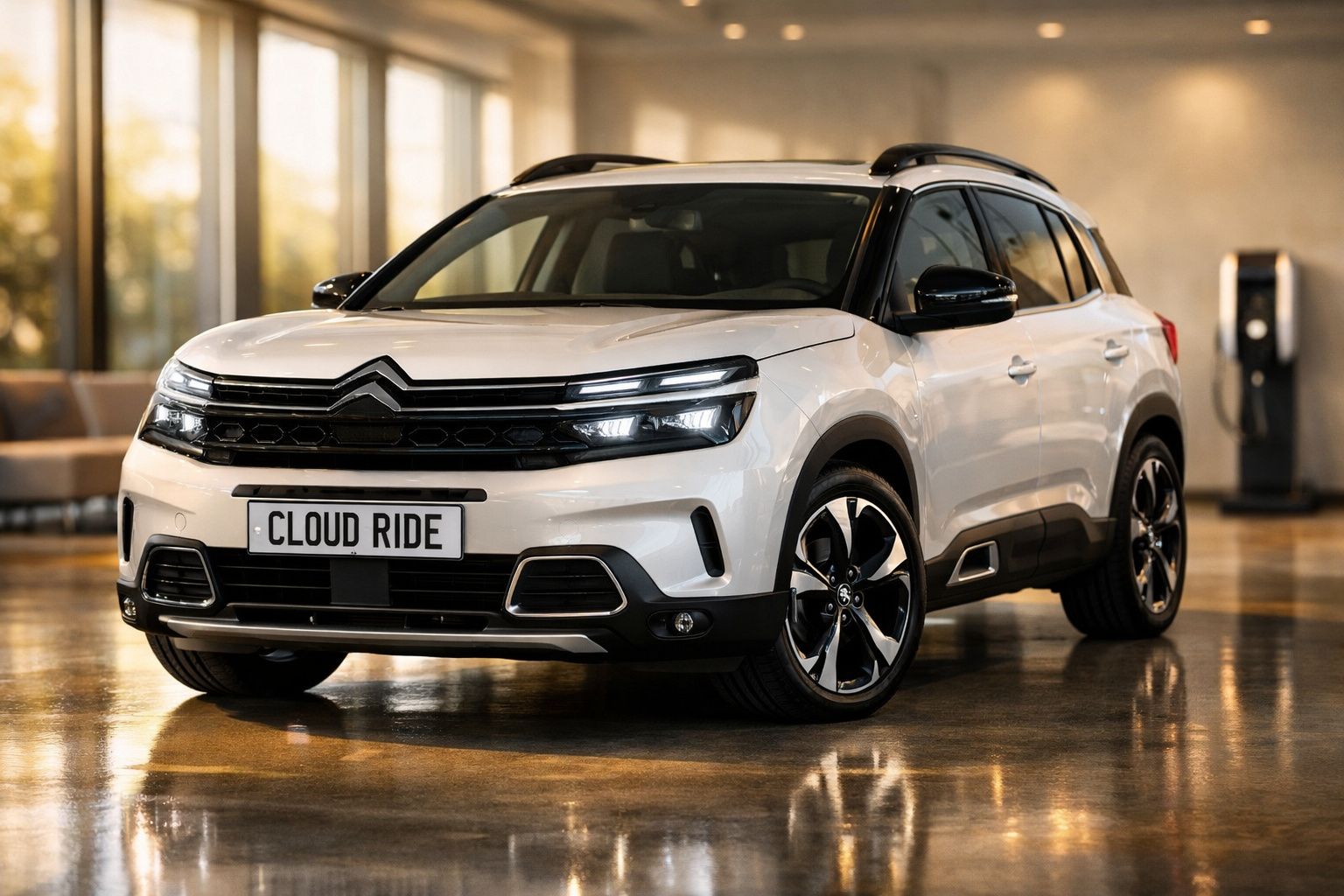 Teal Citroën SUV on display platform indoors, with charging station in the background.