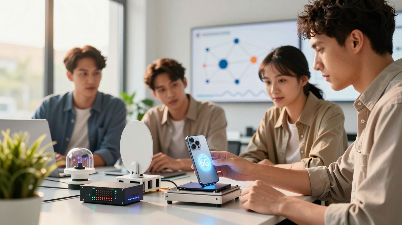 Group of young professionals discuss technology, focusing on a smartphone with "6G" display in a modern office setting.