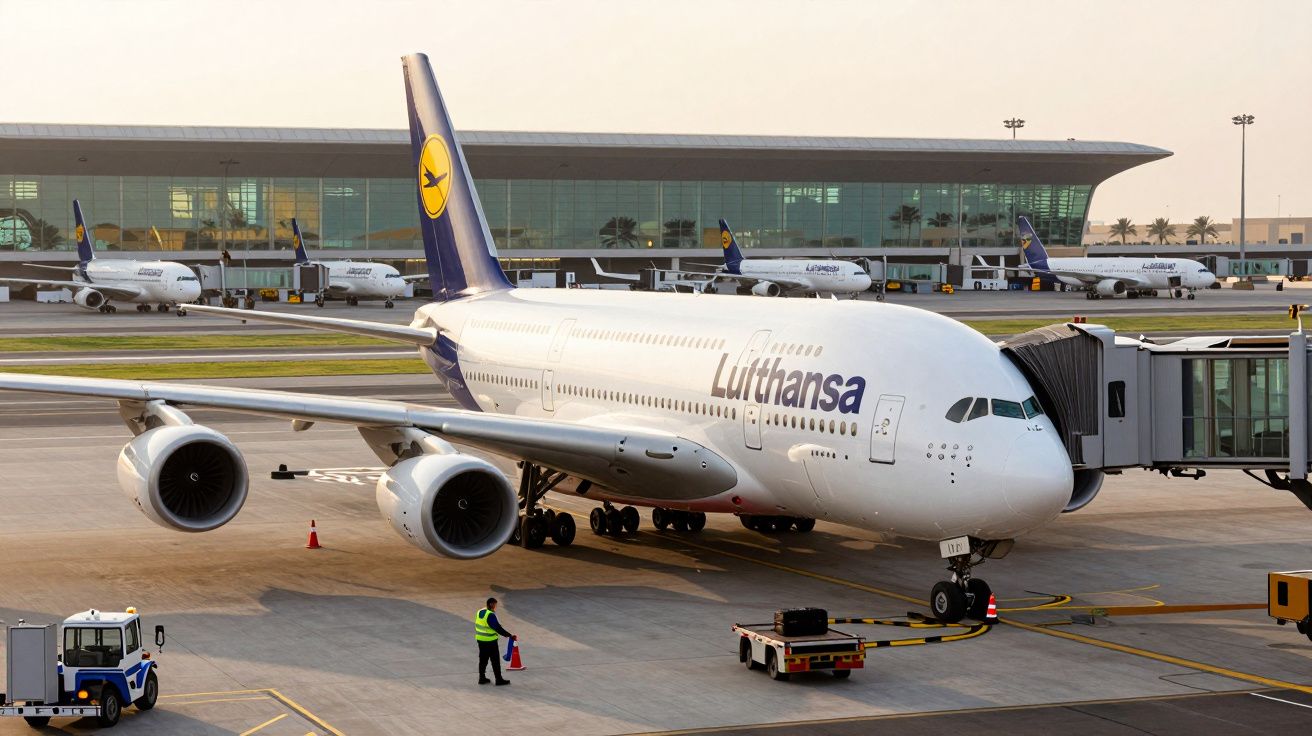 An Airbus A380 at an airport gate, loading passengers, with several ground crew and other planes in the background.