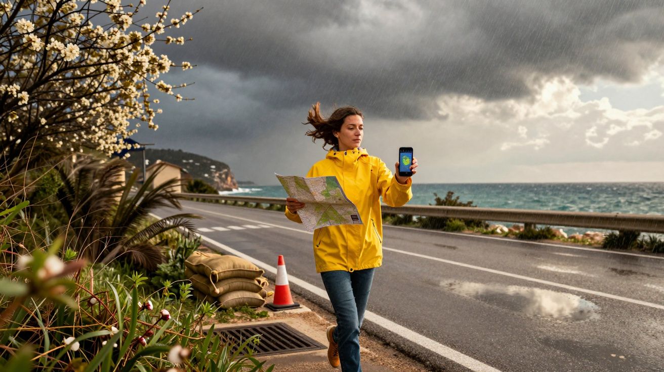 Woman in yellow raincoat holds a map and phone by a stormy coastal road with dark clouds and flowers nearby.