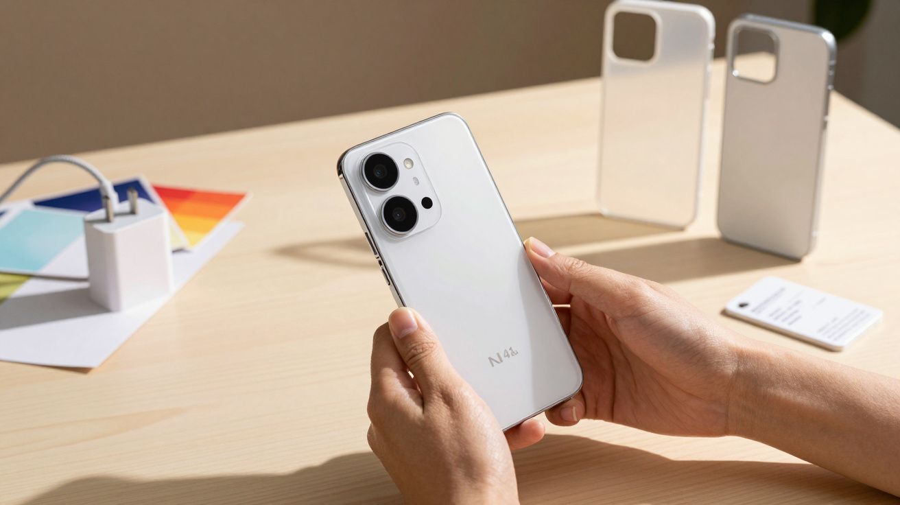 Person holding a white smartphone with dual cameras, on a light wooden table with phone cases and a charger nearby.