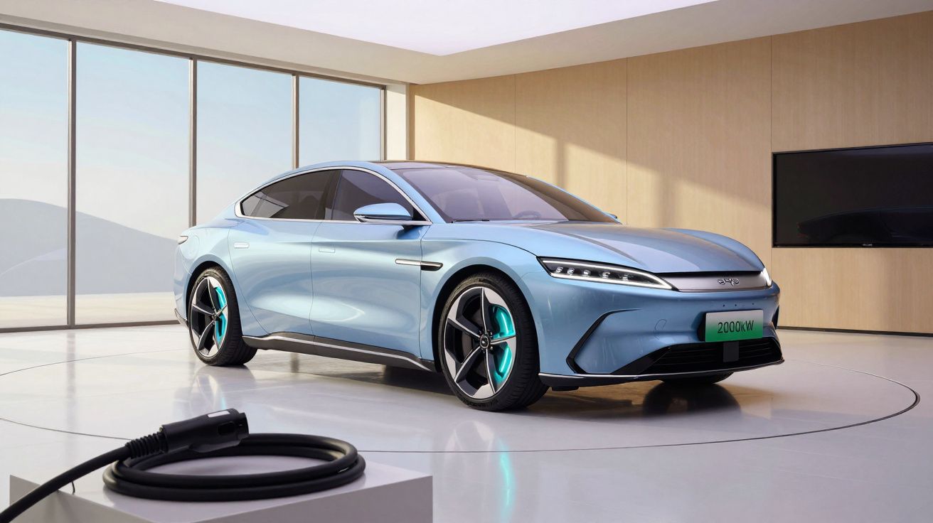 Sleek blue electric car on display platform in modern showroom, large windows, charging cable in foreground.