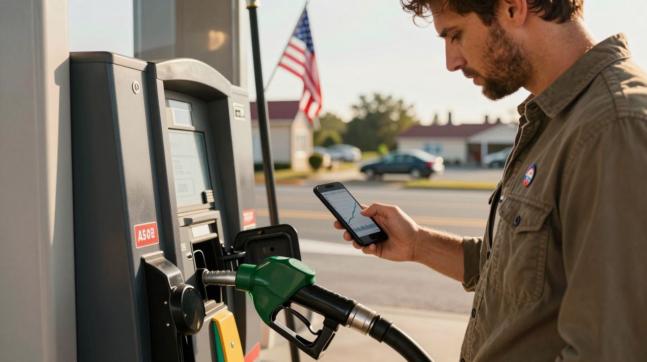 Man checking phone at petrol station, a green nozzle inserted in the pump, with blurred street and US flag in background.