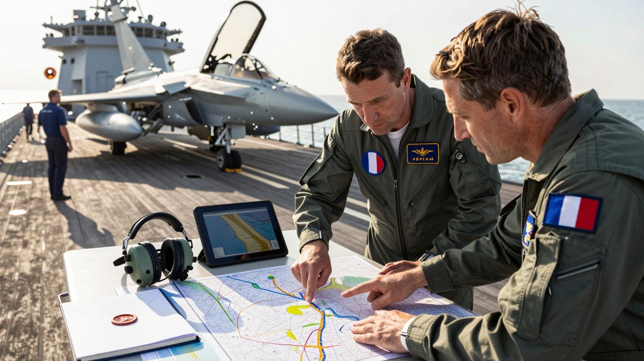 Two pilots in military attire discuss a map on an aircraft carrier, with a fighter jet and tablet nearby.