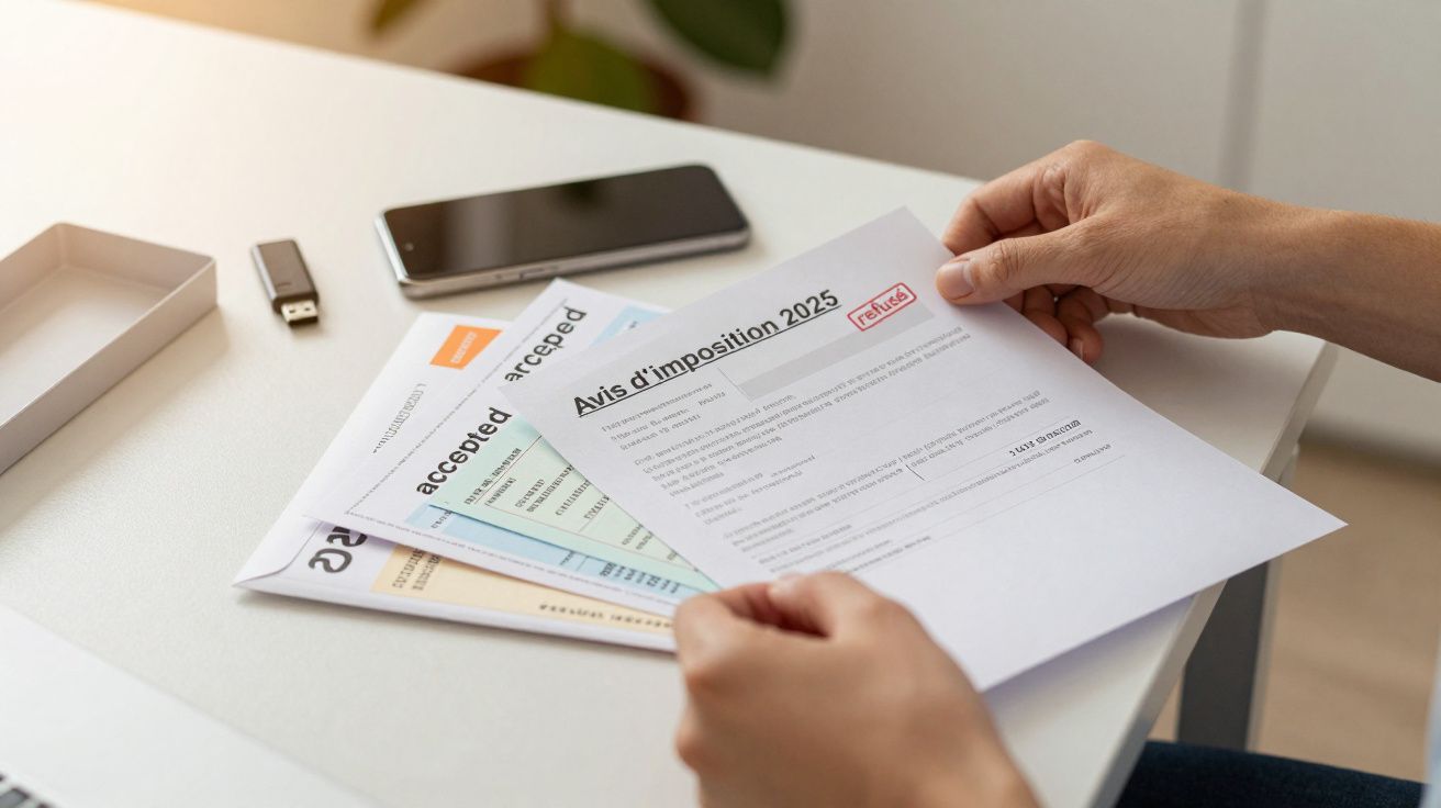 Person holding a tax document marked "refusé" on a desk with papers, a smartphone, and a USB drive.