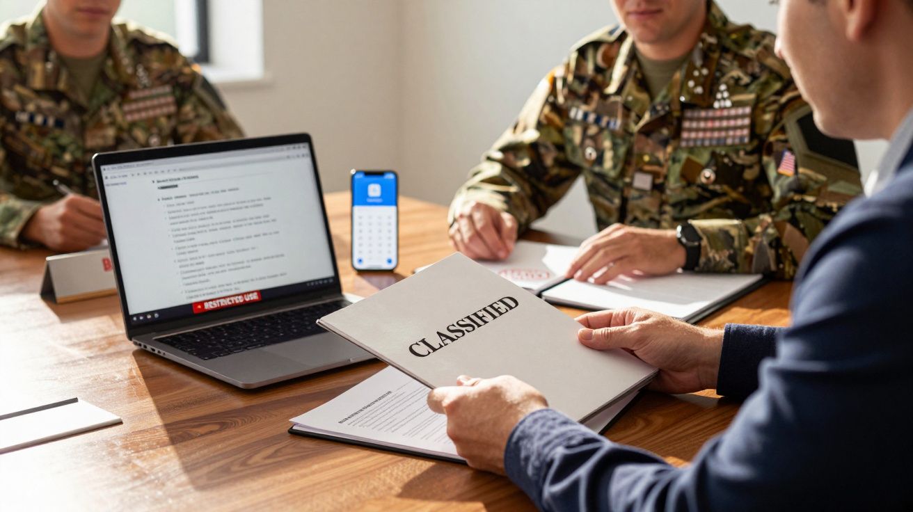 People in military attire and suits discussing documents marked "Classified" at a table with a laptop and phone nearby.