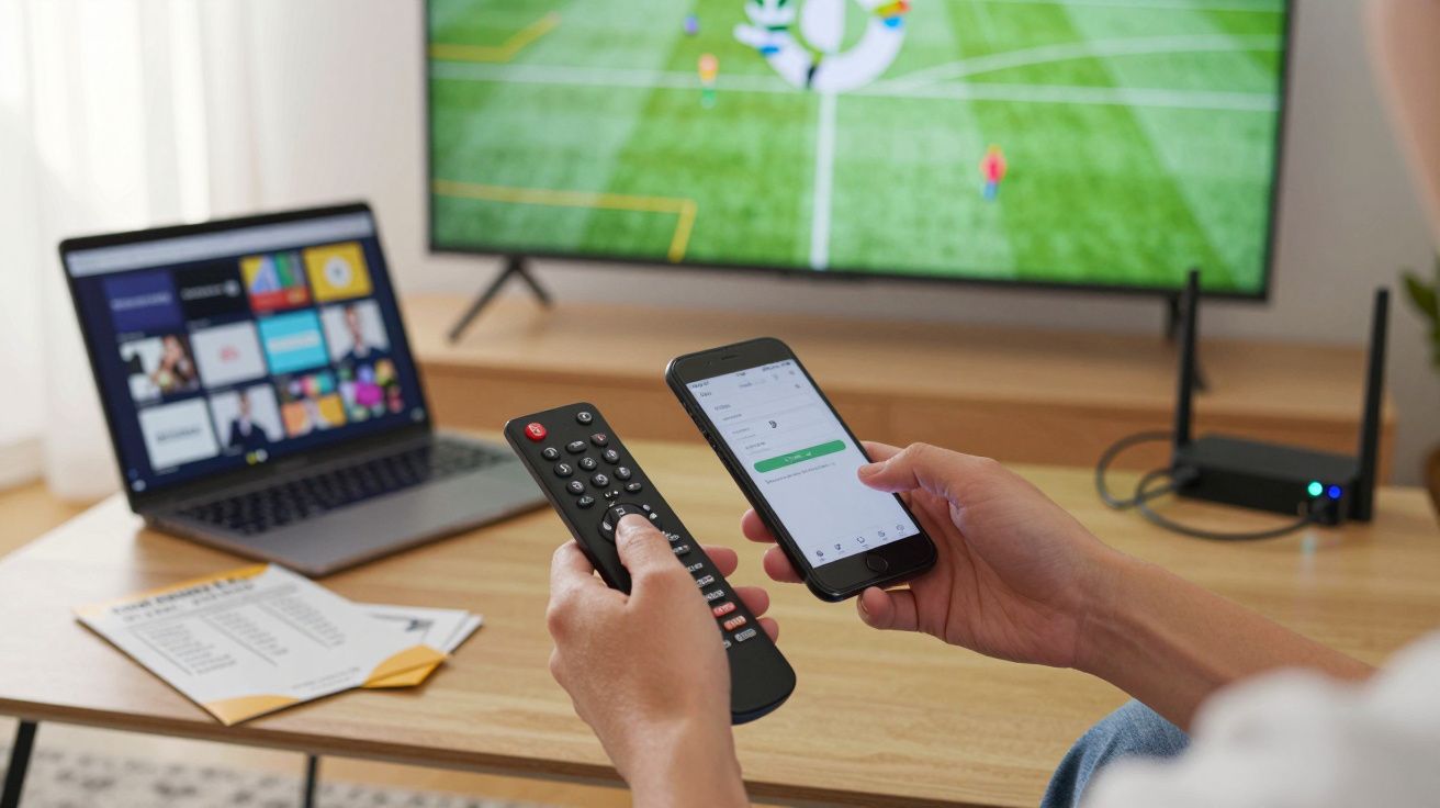 Person holding phone and remote, TV displaying a football match, laptop screen showing apps on a wooden table.