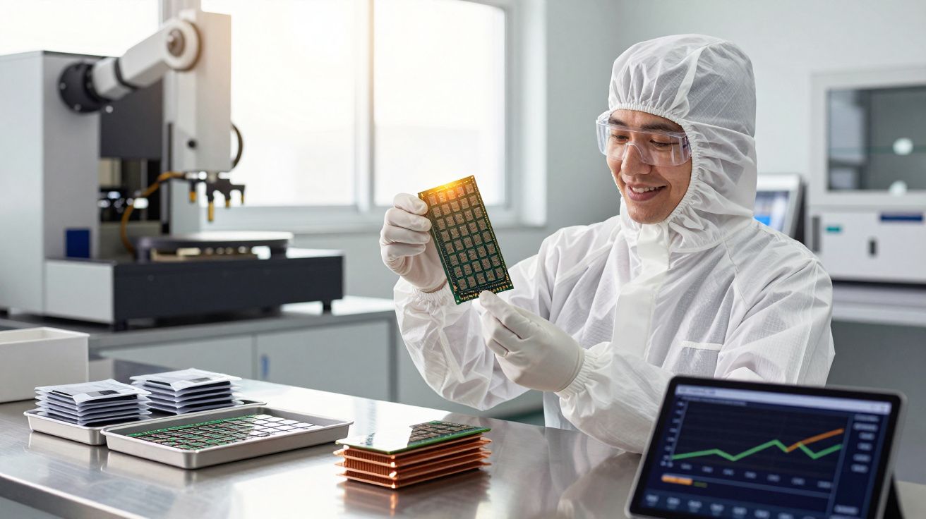 Scientist in cleanroom suit examines circuit board, with tablets and graphs on desk in a high-tech laboratory.