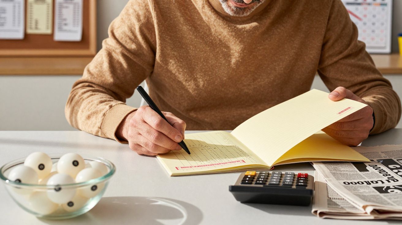 Man writing in notebook at desk with calculator, newspapers, and bowl of numbered balls.