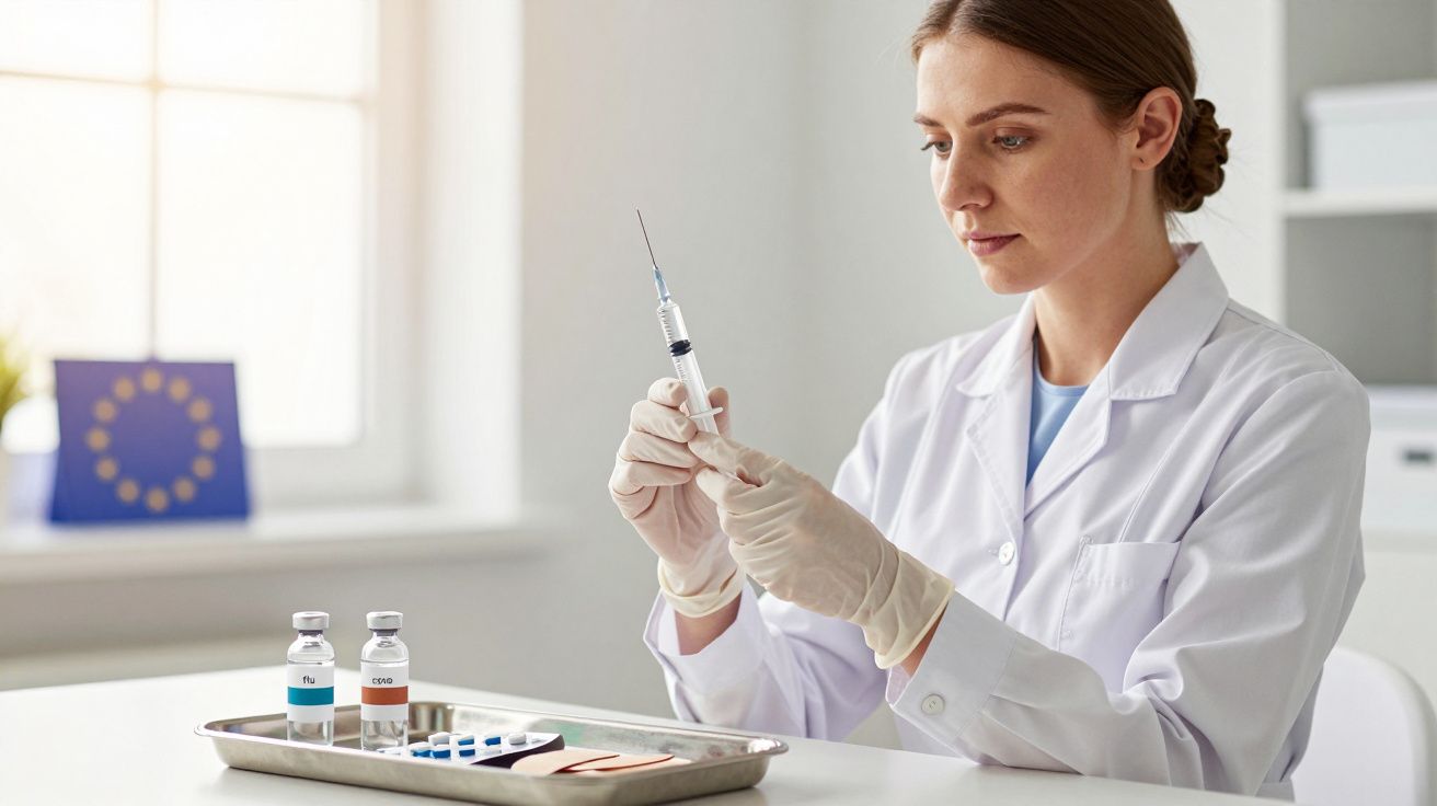 Female doctor in lab coat prepares syringe at a desk with vials and medical tray, EU flag visible in the background.
