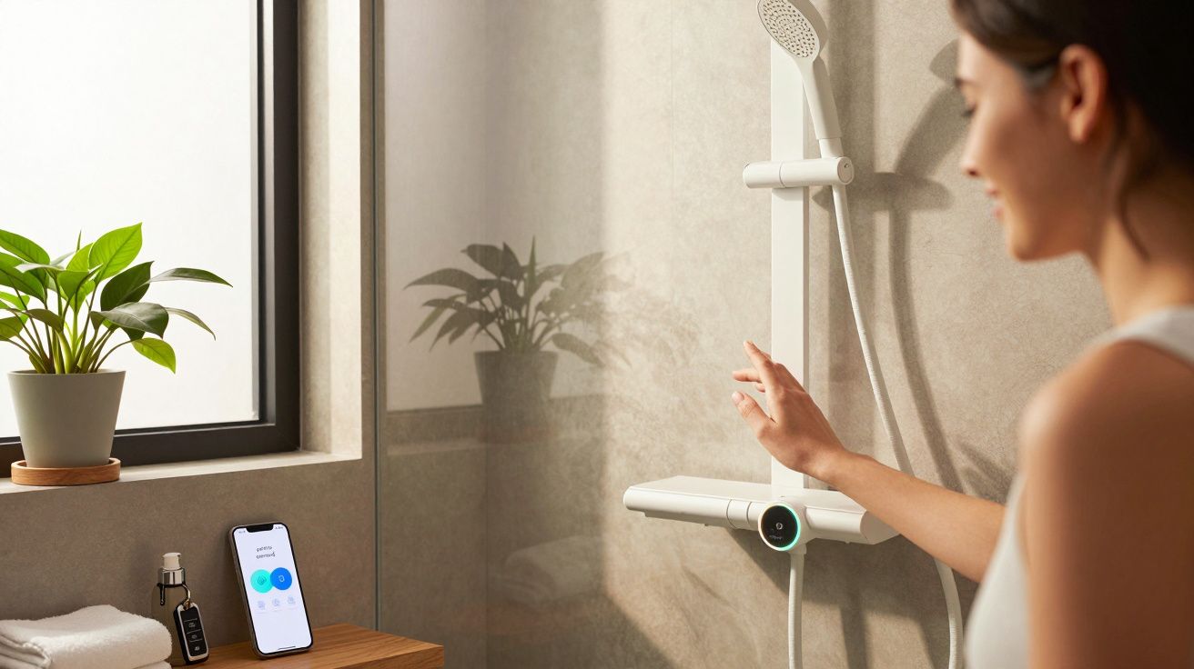 Woman adjusting smart shower controls beside a smartphone, with potted plant and toiletries on the wooden shelf.