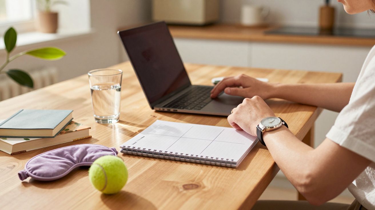 Person working on a laptop at a wooden table with a notebook, books, glass of water, sleep mask, and tennis ball nearby.