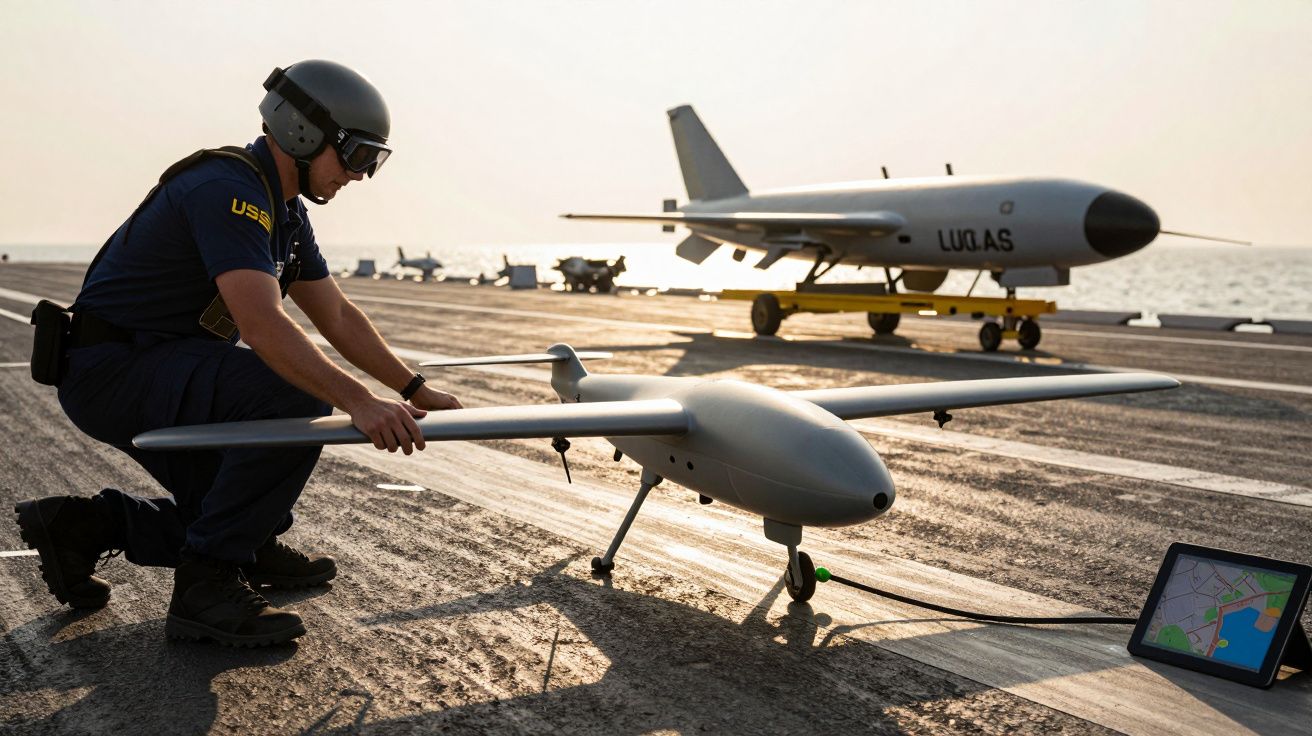 A person prepares a small drone on an aircraft carrier deck, with another drone in the background at sea.