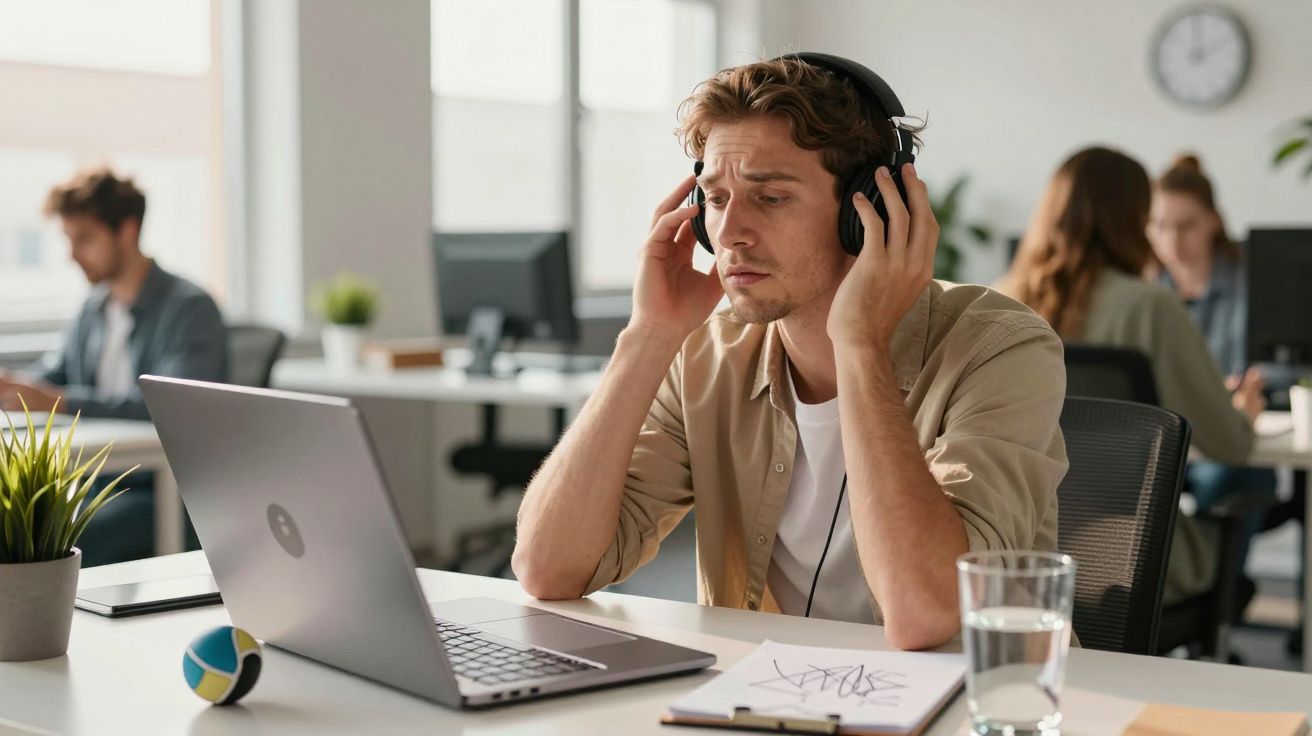 Man wearing headphones, sitting at a desk with a laptop, looking thoughtful in a modern office setting.