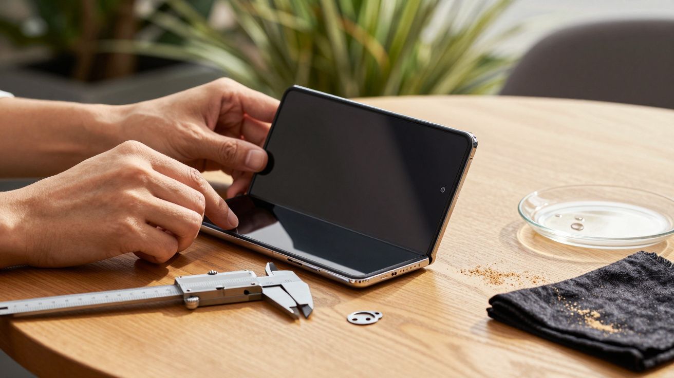 Hands holding a foldable smartphone on a wooden table with calipers, a dish, and a cloth nearby.
