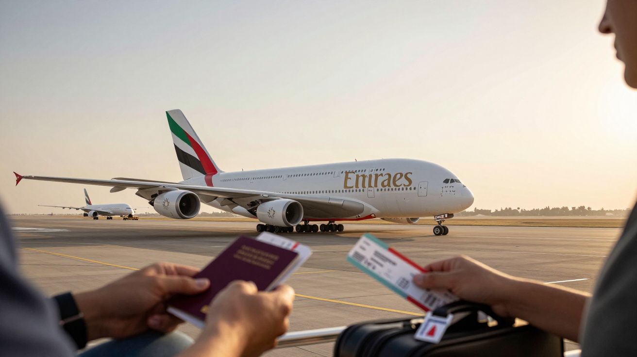 People holding passports and tickets with an Emirates A380 aircraft taxiing on the runway in the background.